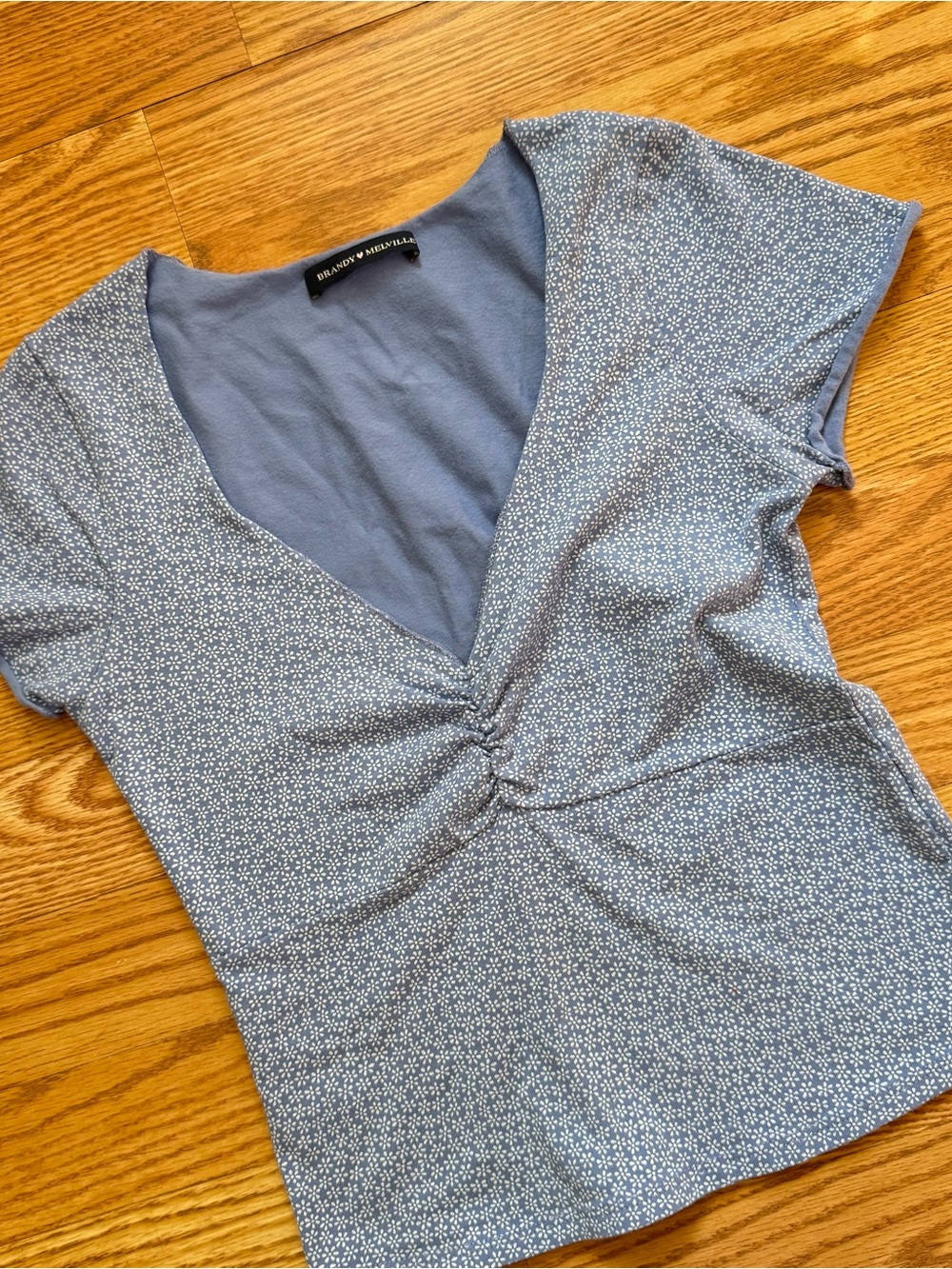 Brandy Melville Light Blue Ditsy Floral V-Neck Ruched Short Sleeve Top